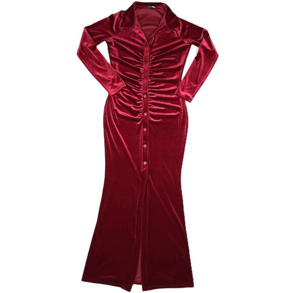 Fashion Nova Weekend Icon Velvet Maxi Shirt Dress Burgundy Size M - Picture 8 of 16